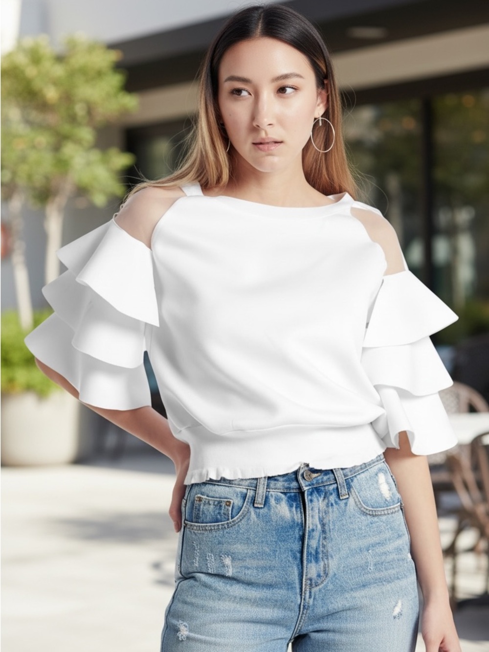 Gracia Ruffle Sleeve Detailed Neoprene Top